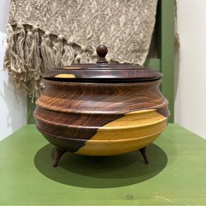 Vintage 2003 Bethlehem Olive Wood Footed Bowl with Lid & Certificate